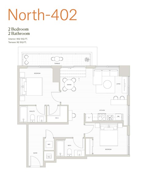 Floor plan for 2 beds, 2 baths, 952 sqft